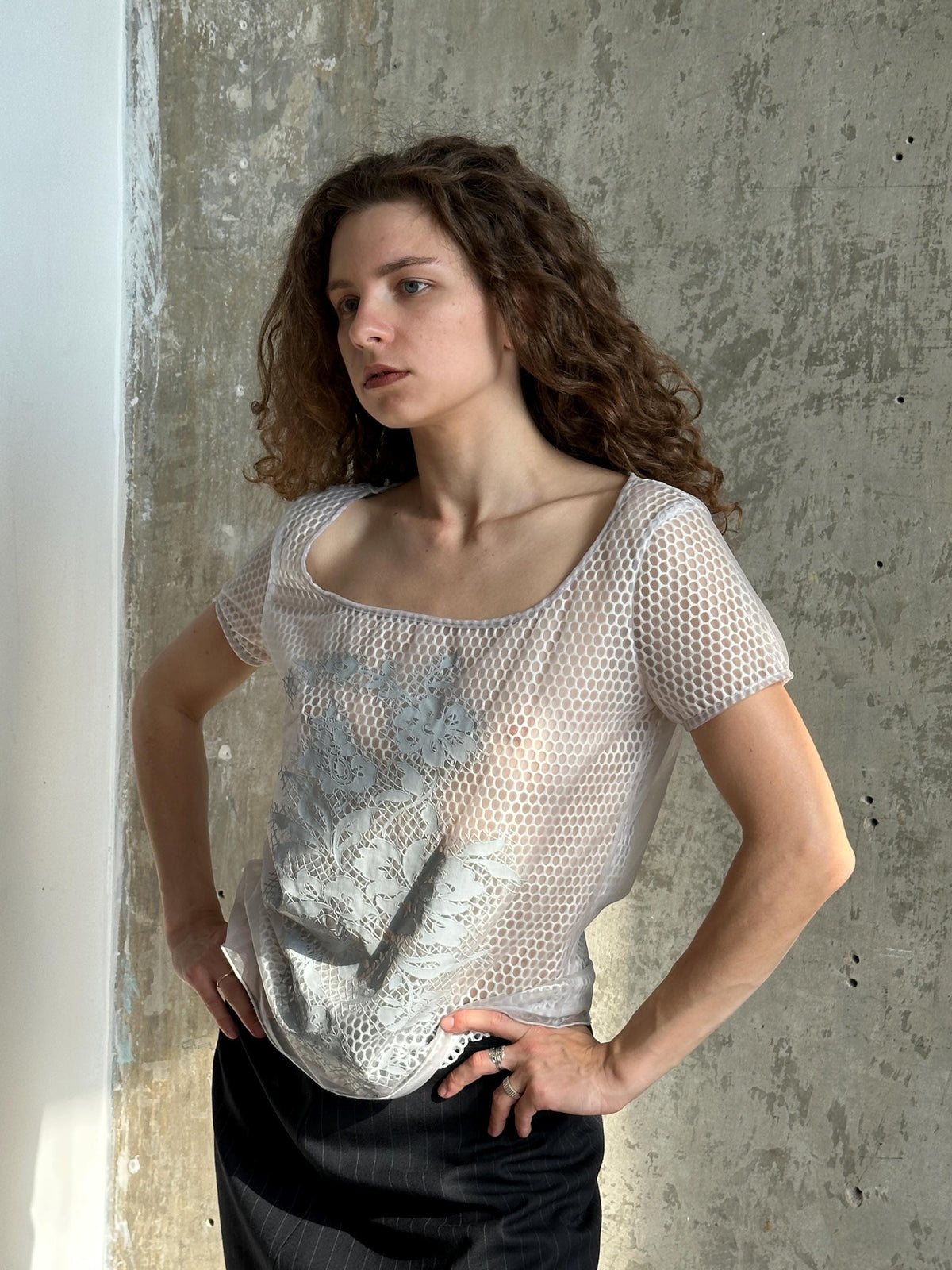 Vintage Cavalli Jeans Grey Mesh Top | Sheer Fishnet T-Shirt