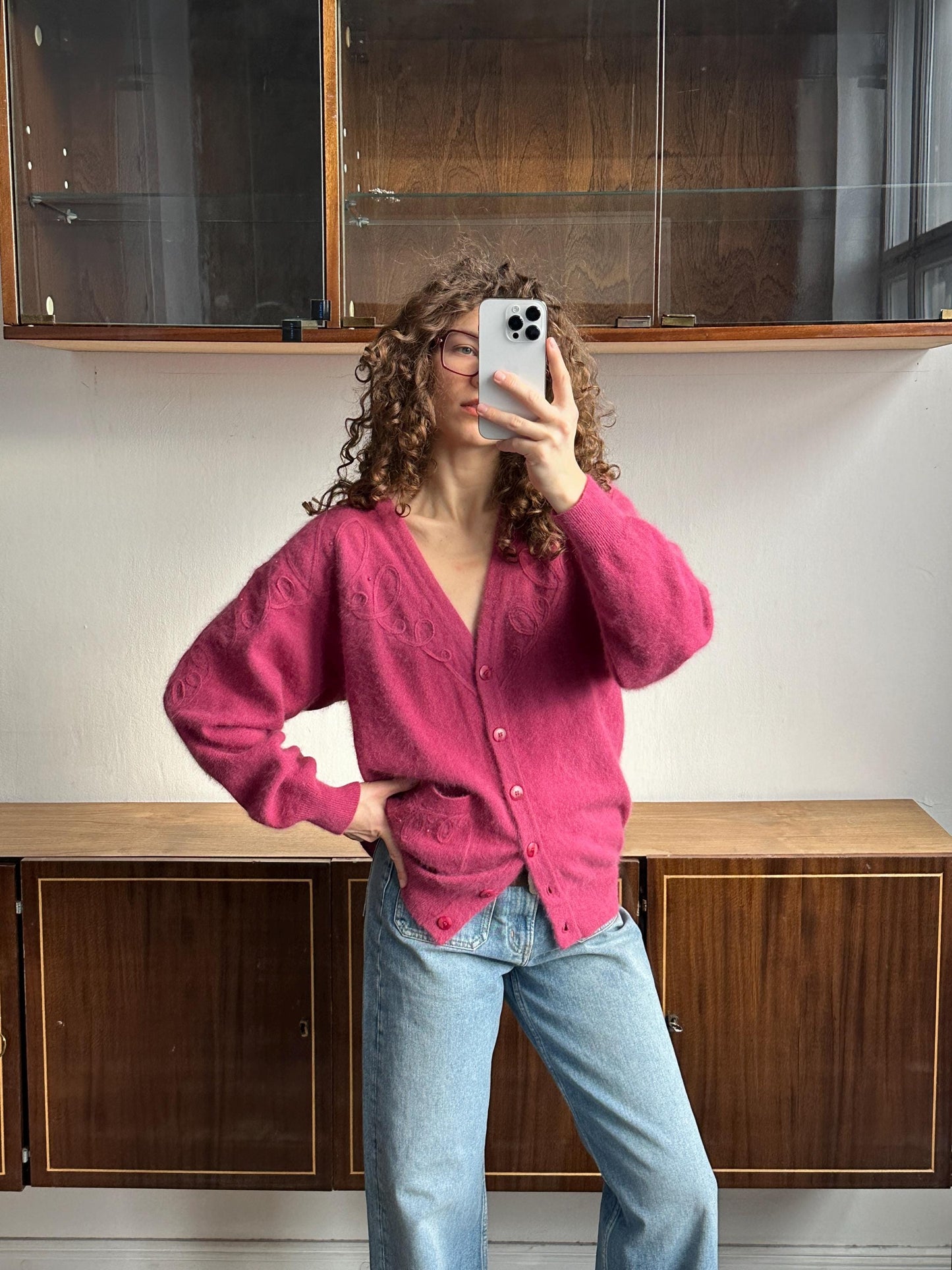 Vintage Angora Wool Embroidered Cardigan In Pink