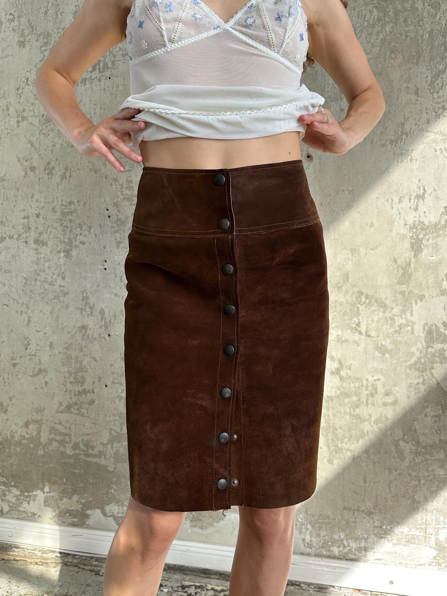 Vintage 70s Brown Suede Snap Button Mini Skirt