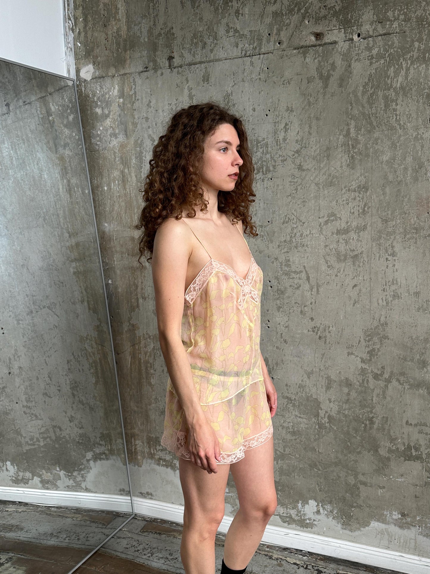 Vintage Calvin Klein Pure Silk Sheer Floral Cami & Shorts Set in Pink and Yellow