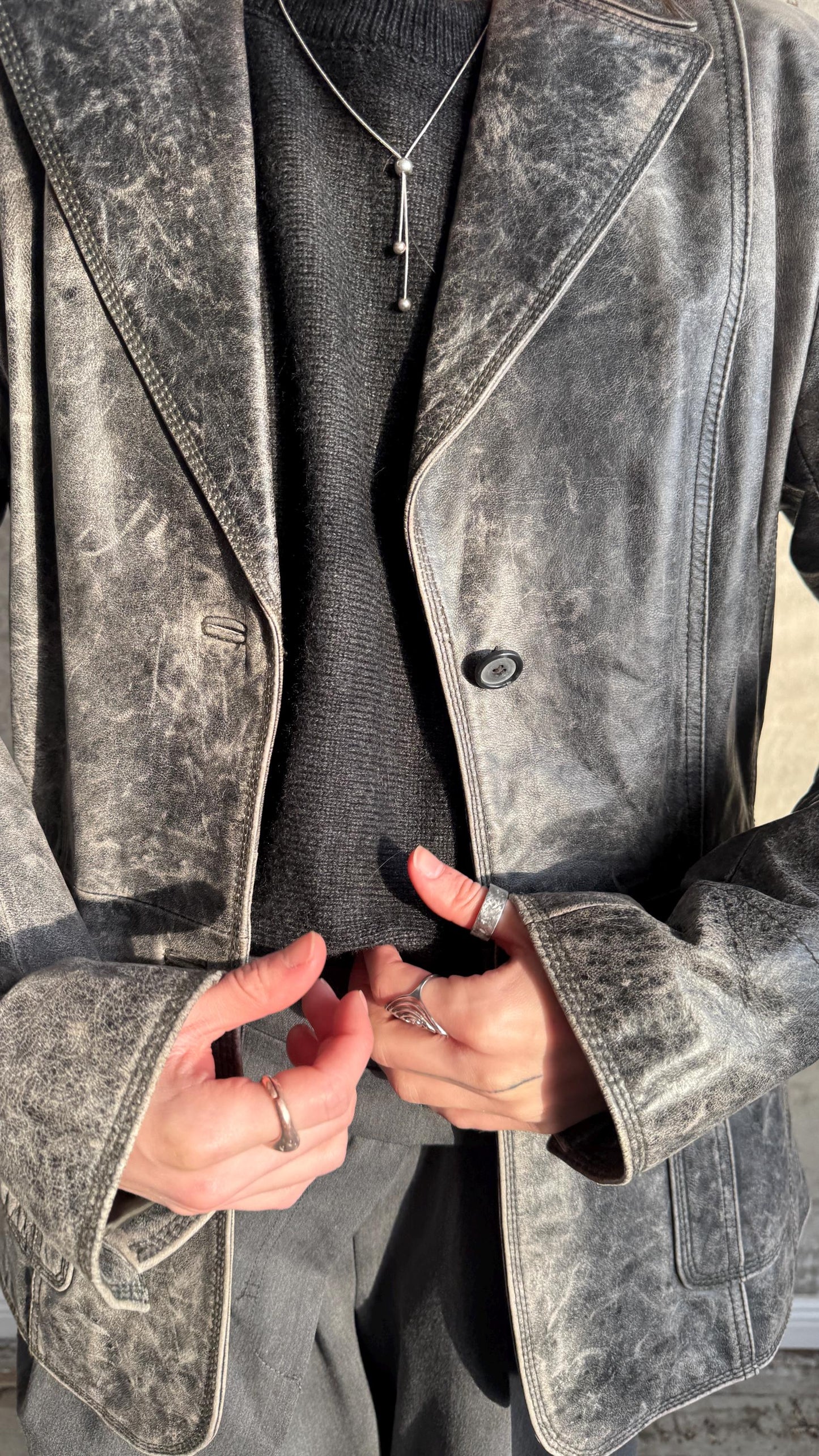 Vintage 90s Burnt Boxy Leather Jacket In Black/Grey
