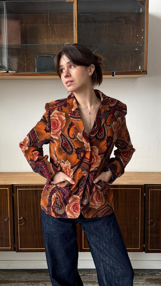 Vintage 90s Women Velvet Blazer In Orange & Brown