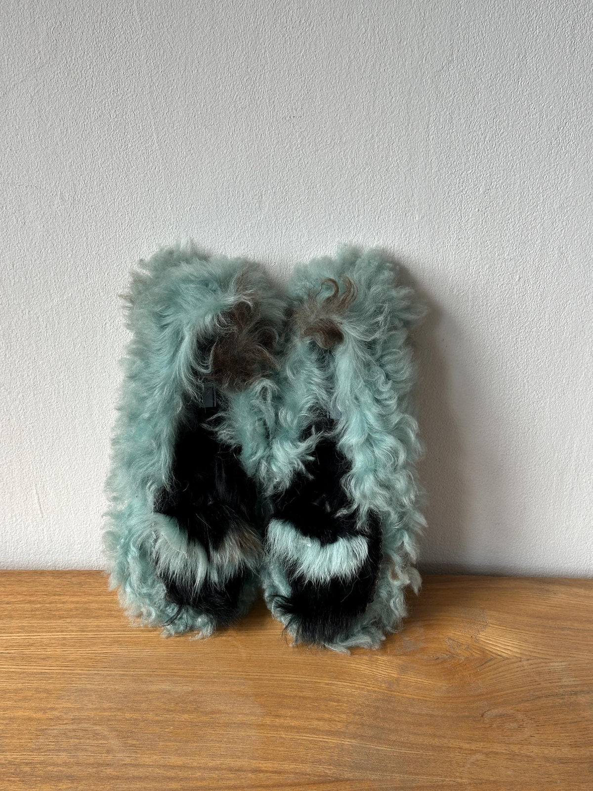 Vintage Prada Milano Shearling Fur Slipper | Mint Green & Black Furry Slides | US 6