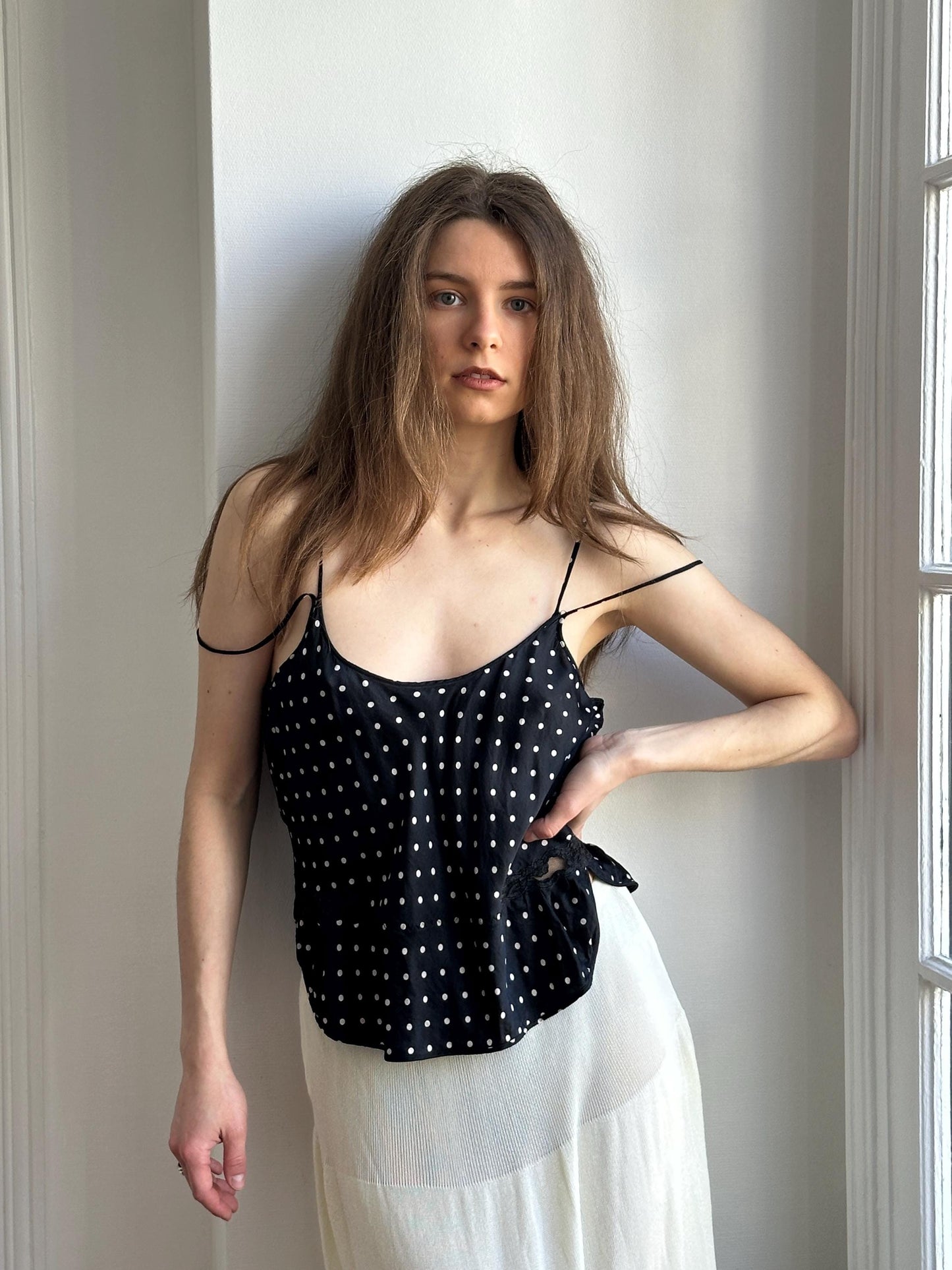 Vintage Pure Silk Polka Dot Nightie Top in Black