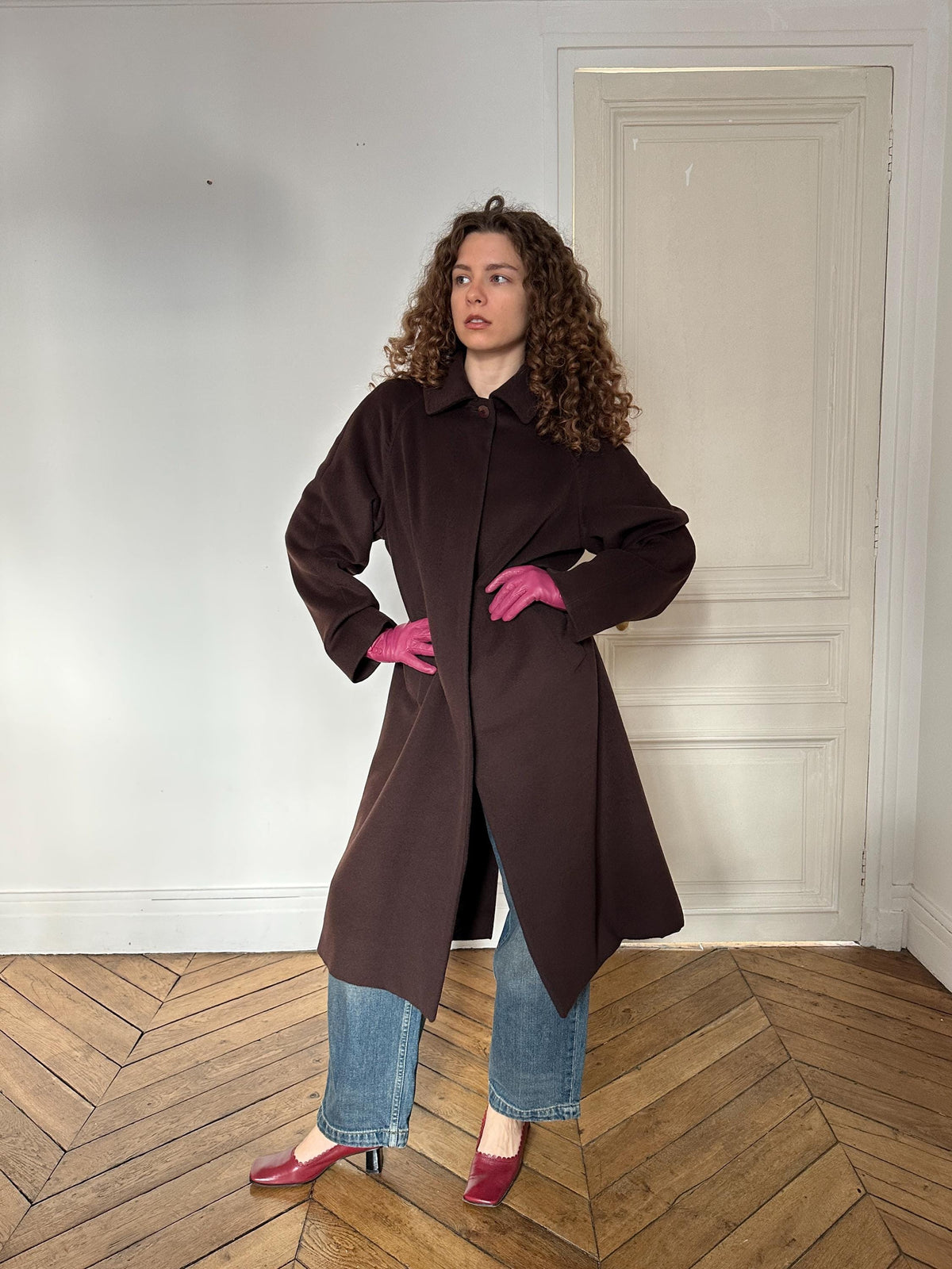 Vintage Les Copains Long Wool Angora Cashmere Coat in Chocolate Brown