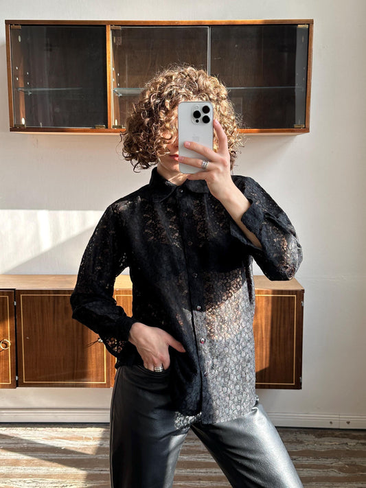 Vintage lace blouse in black, sheer top