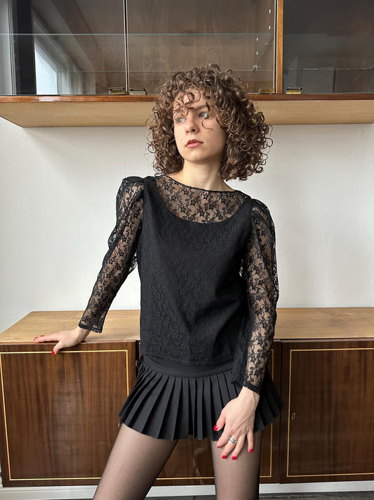 Vintage 80s women's black lace blouse with sheer sleeves