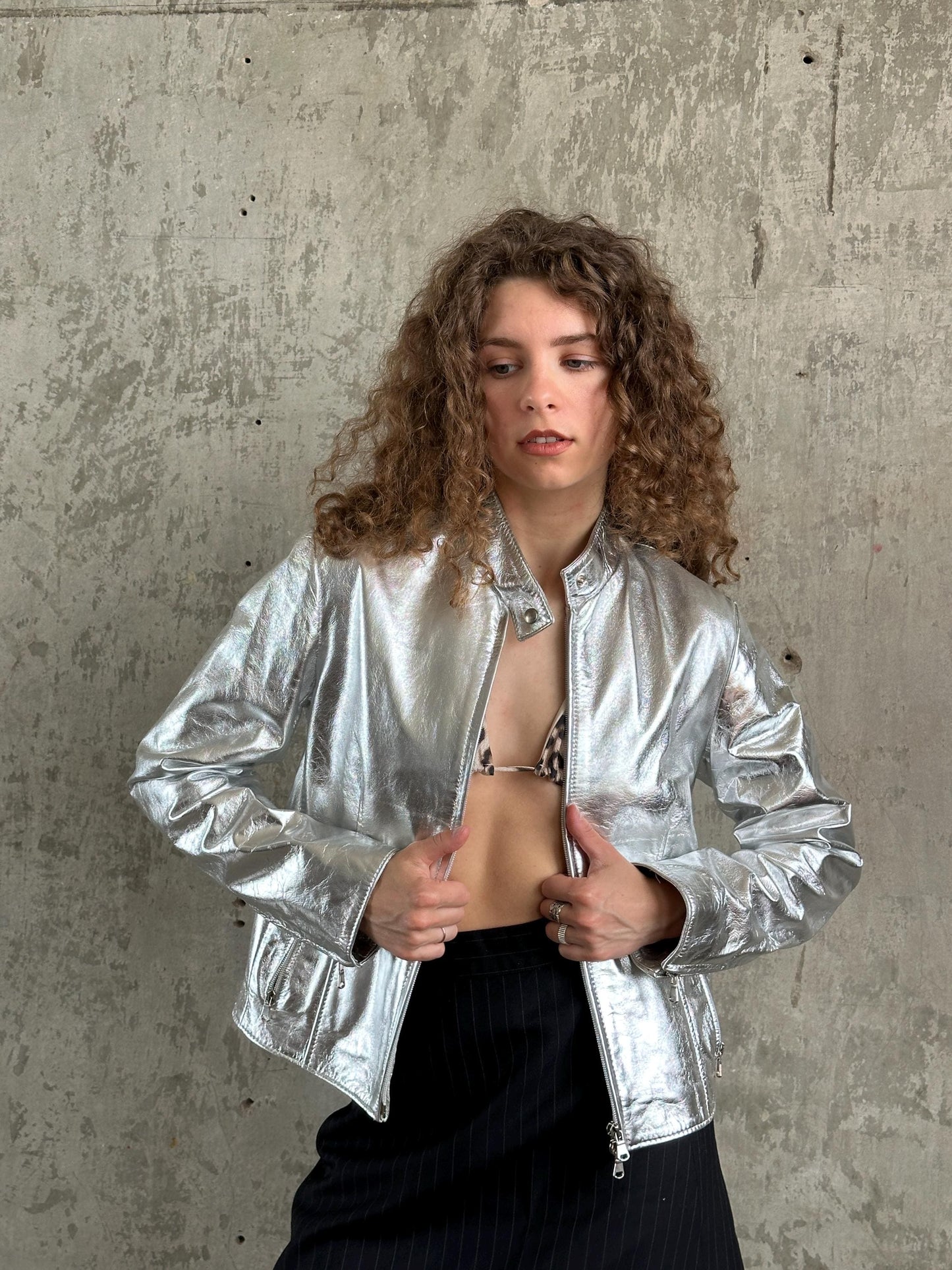 Vintage Y2K Silver Metallic Leather Jacket | Moto Racer Zip Jacket
