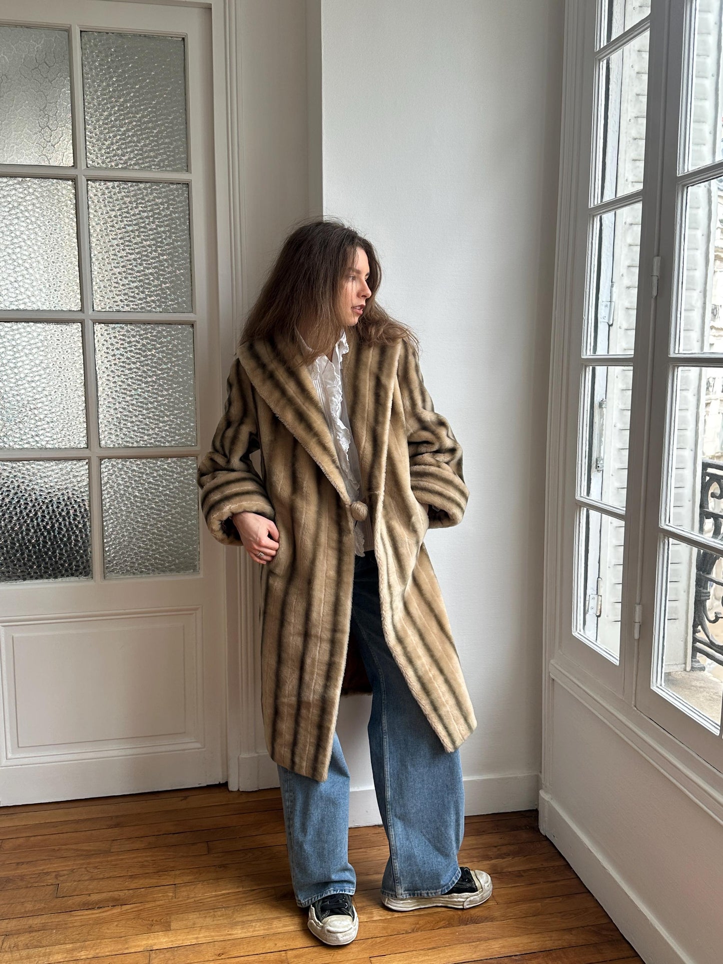 Vintage 60s Faux Fur Coat: Striped, Pom-Pom Closure, Midi Length, British Nylon