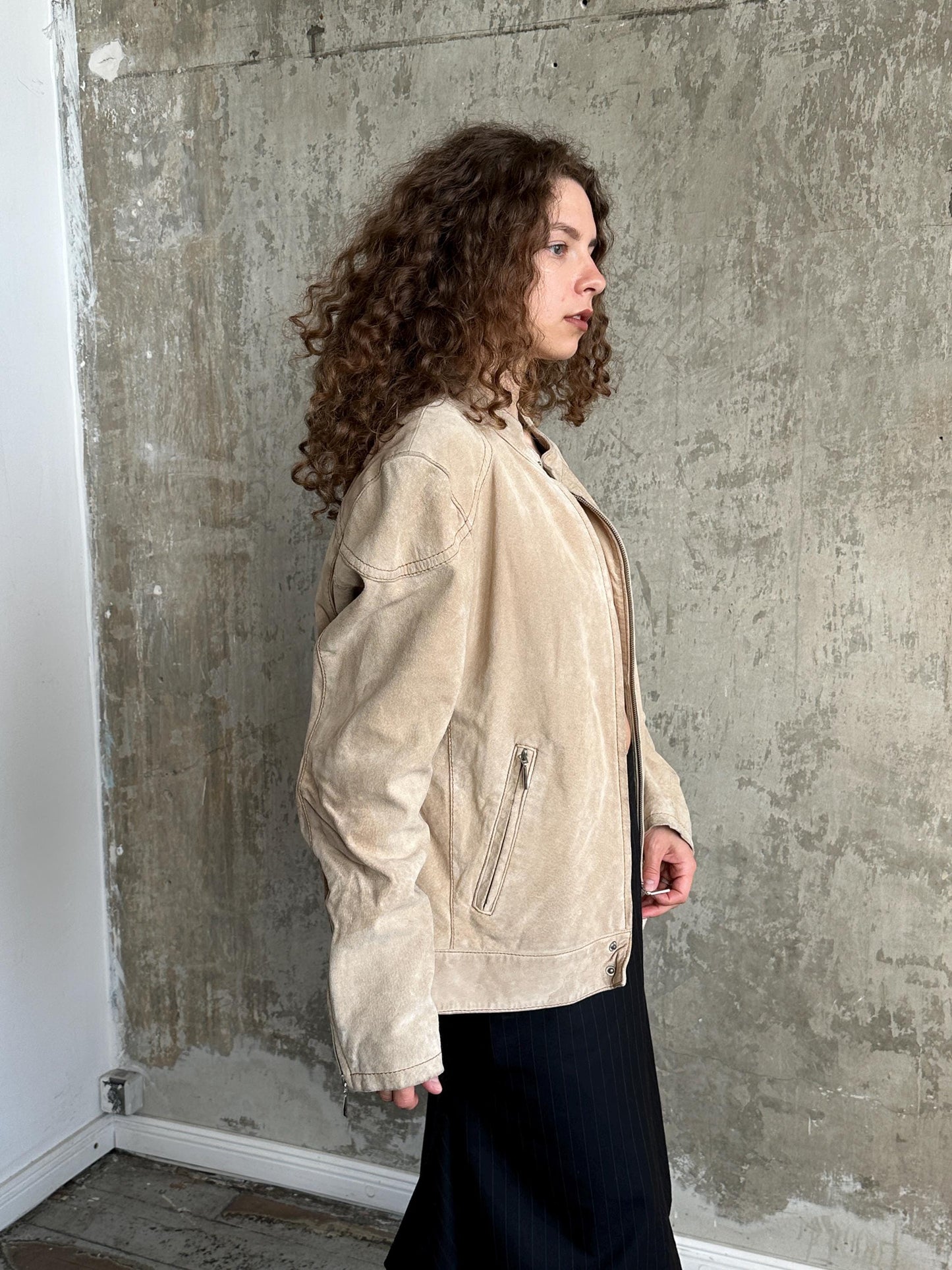 Vintage 90s Beige Suede Leather Moto Jacket