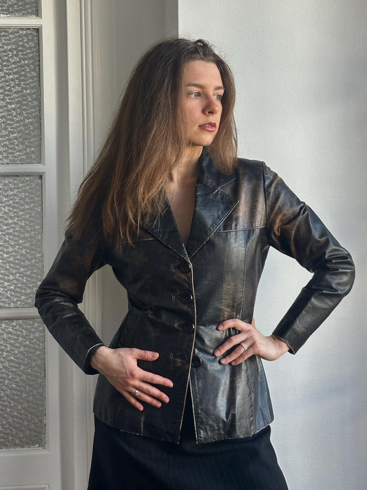 Vintage 90s Burnt Boxy Leather Jacket In Brown