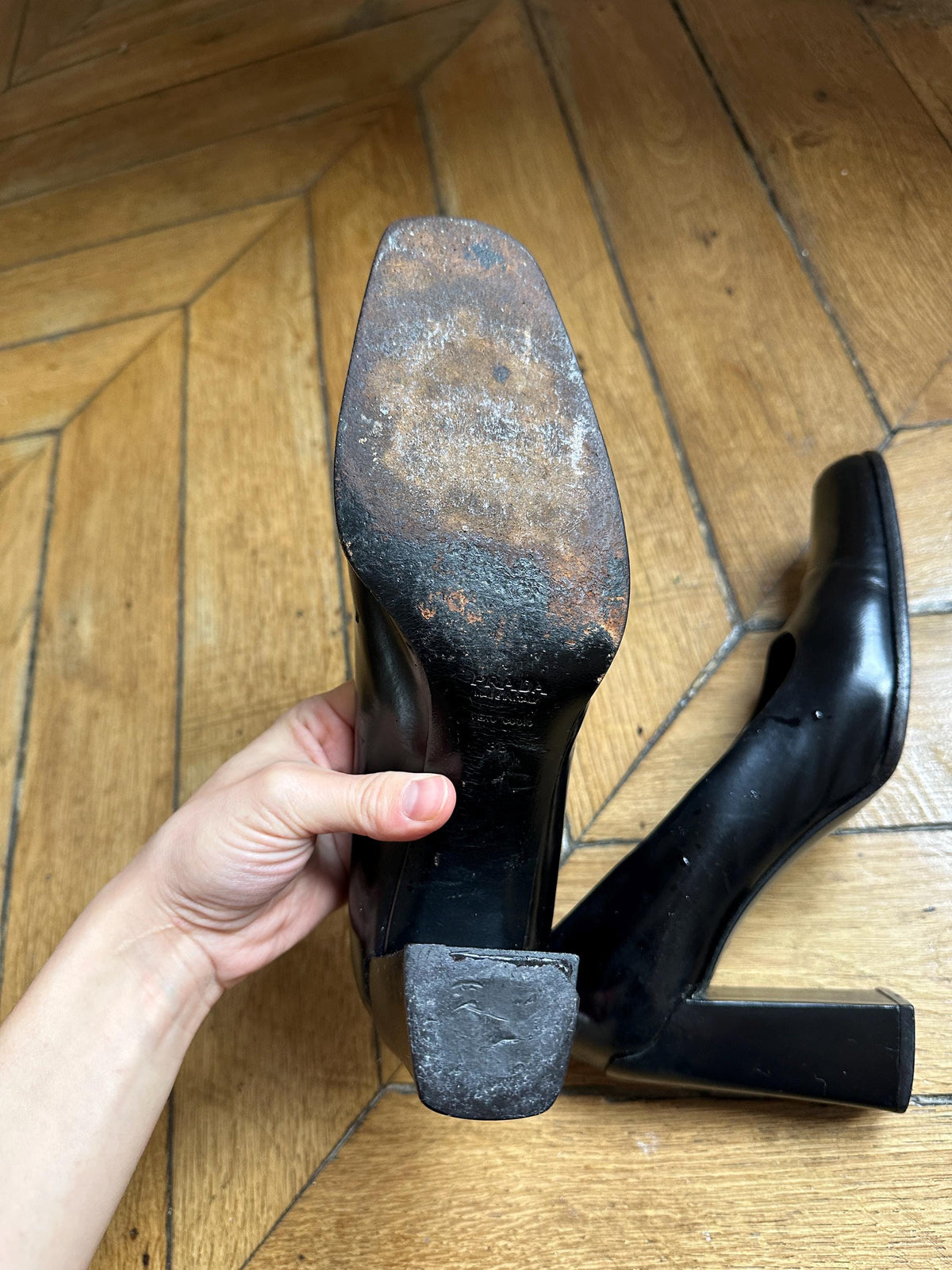Vintage Prada Black Leather Block Heel Pumps | EU 38
