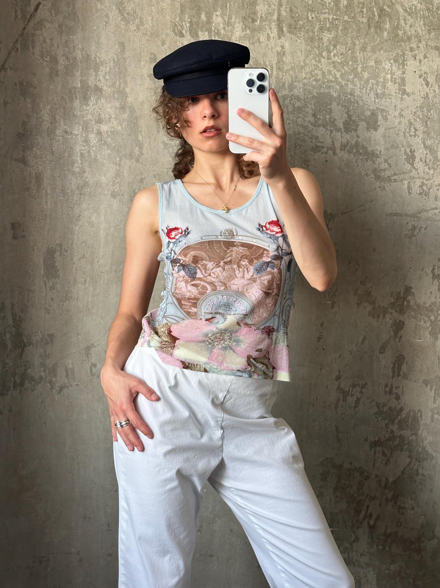 Vintage 90s mesh top with abstract print 'Paris' in blue and pink
