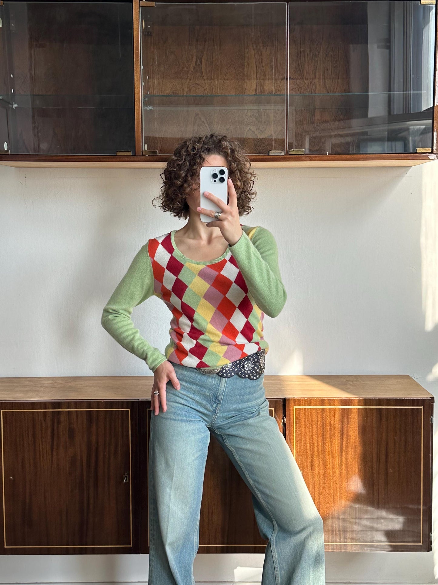 Vintage 90s argyle cashmere sweater in green, multicolor diamond sweater