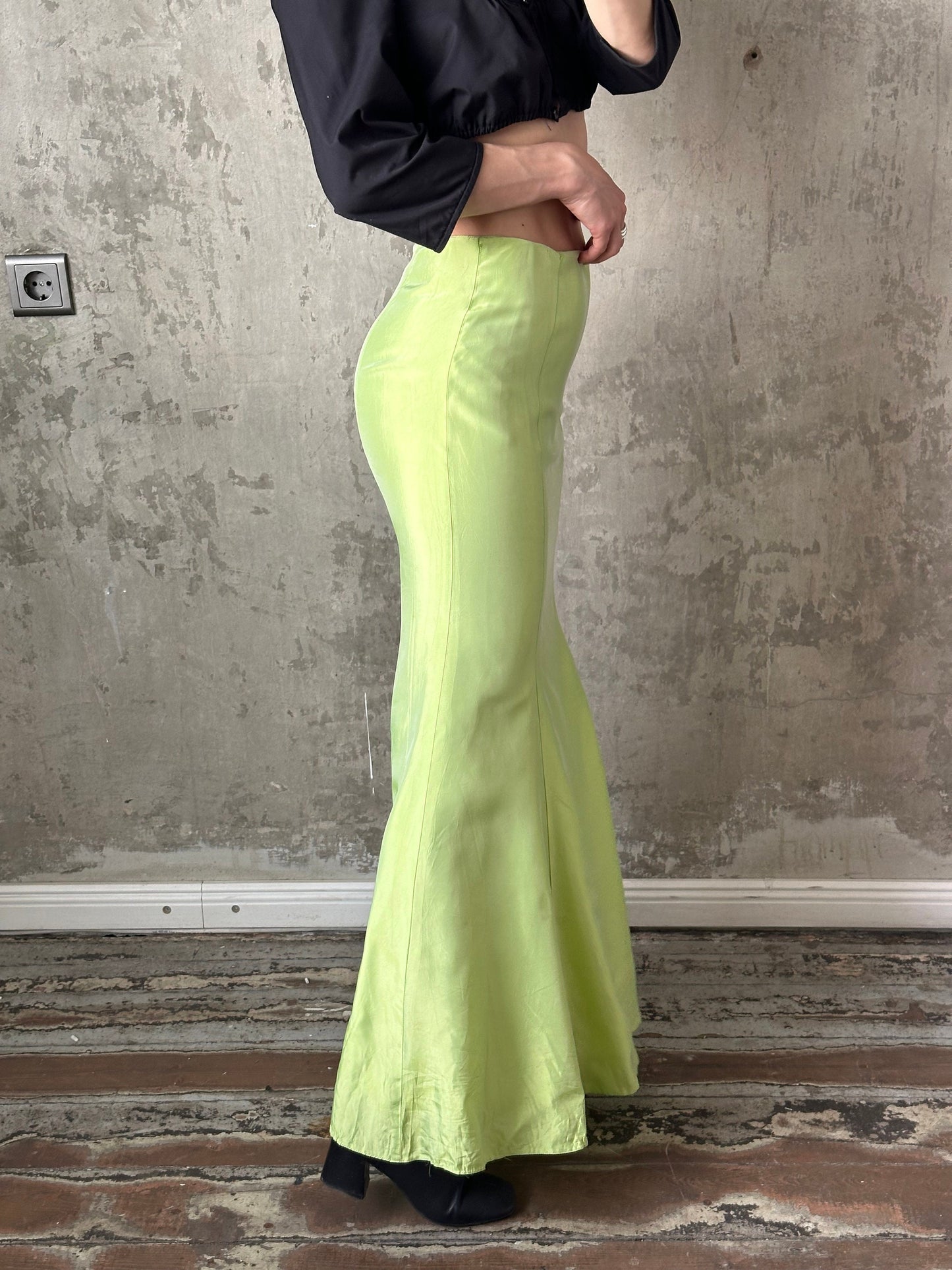 Vintage y2k shiny prom skirt, floor acid green mermaid skirt