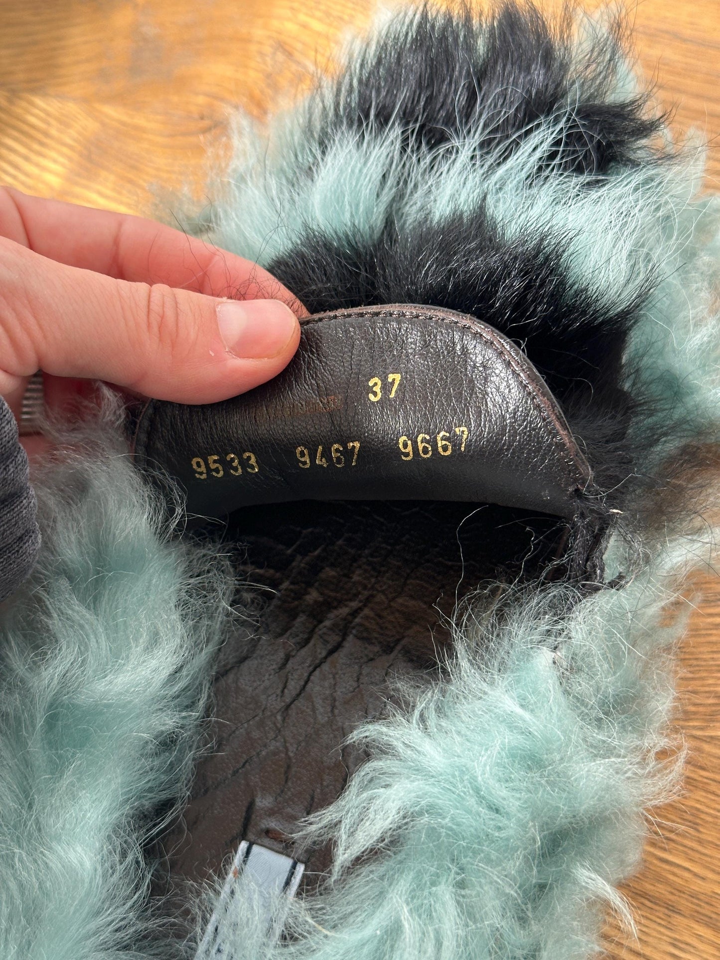 Vintage Prada Milano Shearling Fur Slipper | Mint Green & Black Furry Slides | US 6
