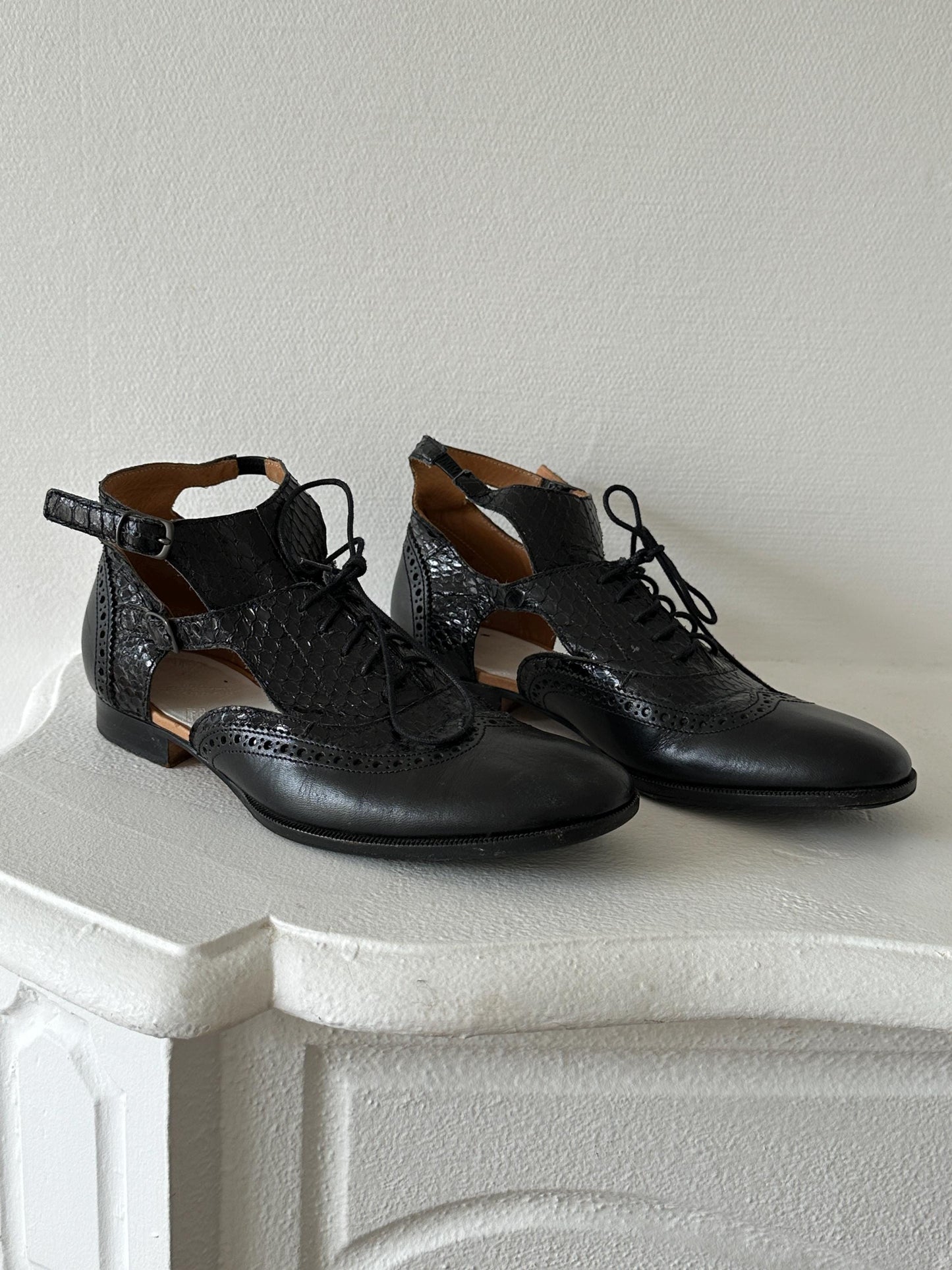 Maison Margiela Line 22 Black Leather Cut-Out Brogue Oxford Sandal in Black I US 6.5