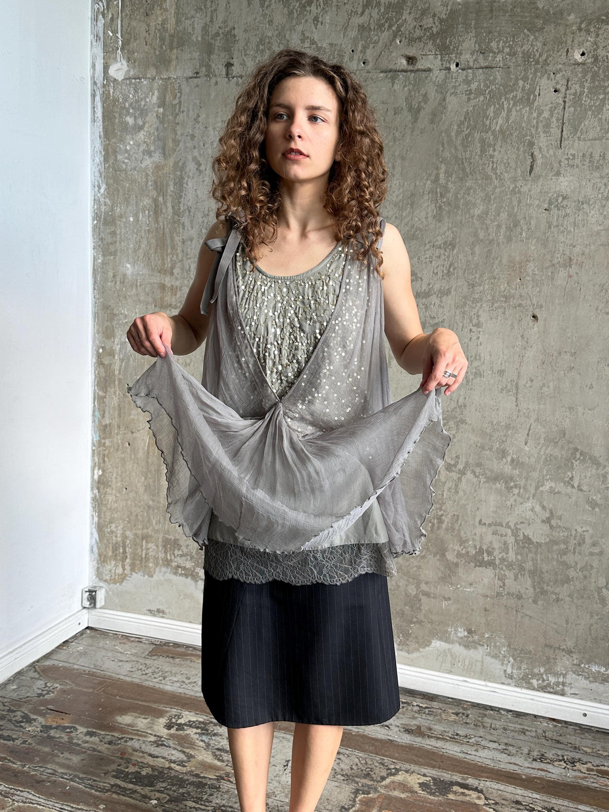 Vintage Liu Jo Grey Sequin Lace Dress | Layered Ruffle Dress