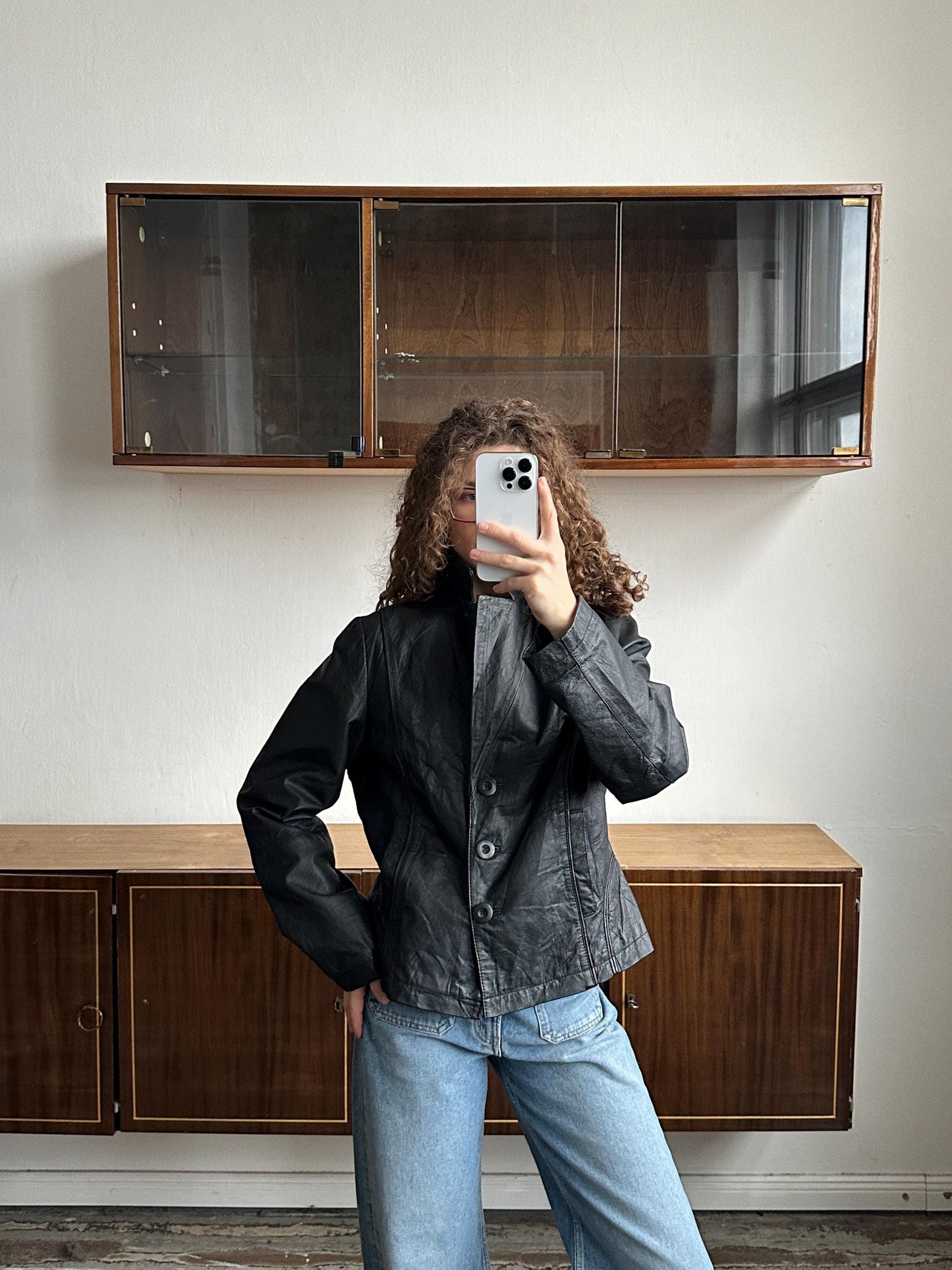 Vintage Oversized Leather Jacket In Black