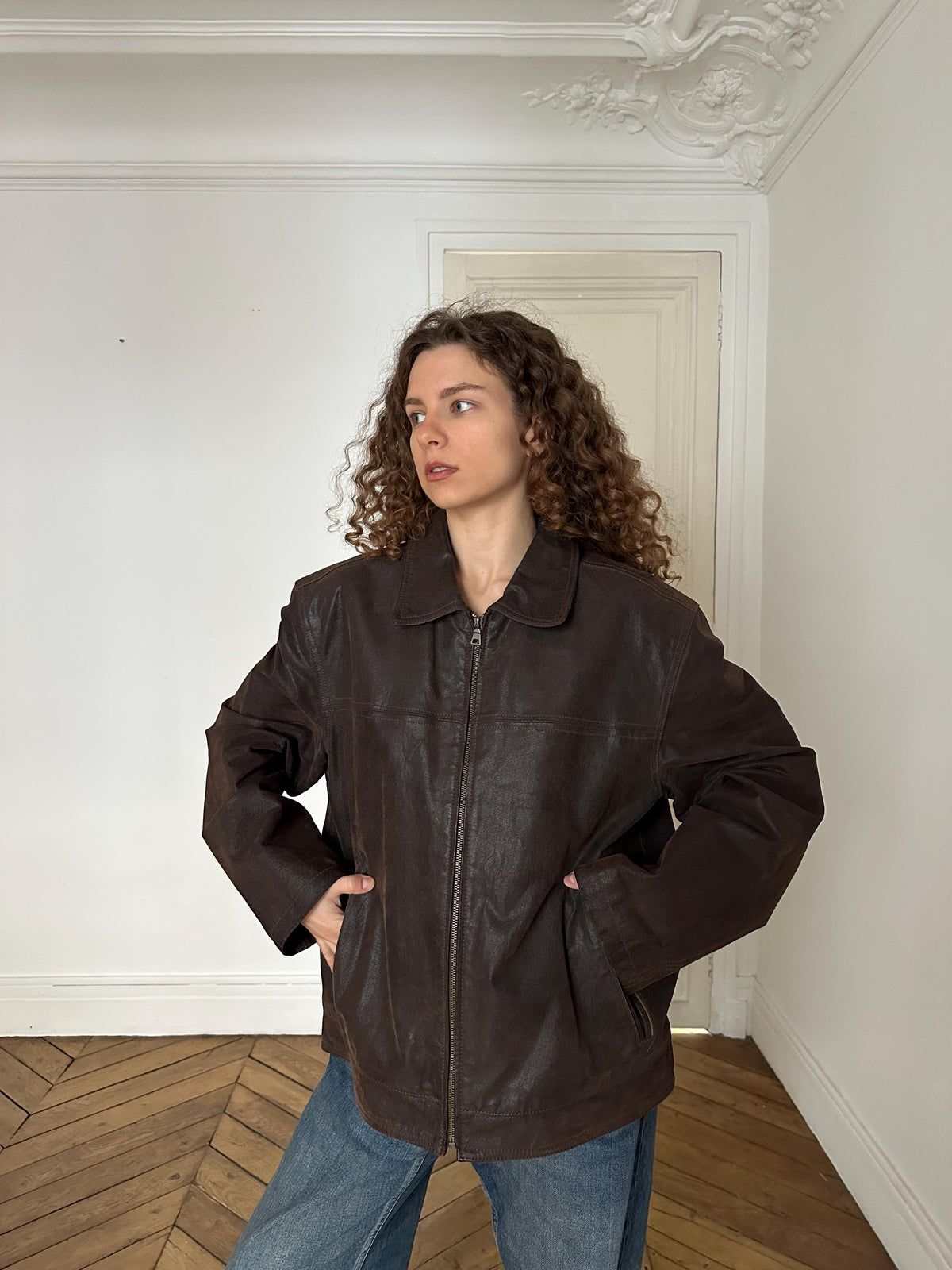 Vintage 90s Oversized Brown Leather Jacket in Brown