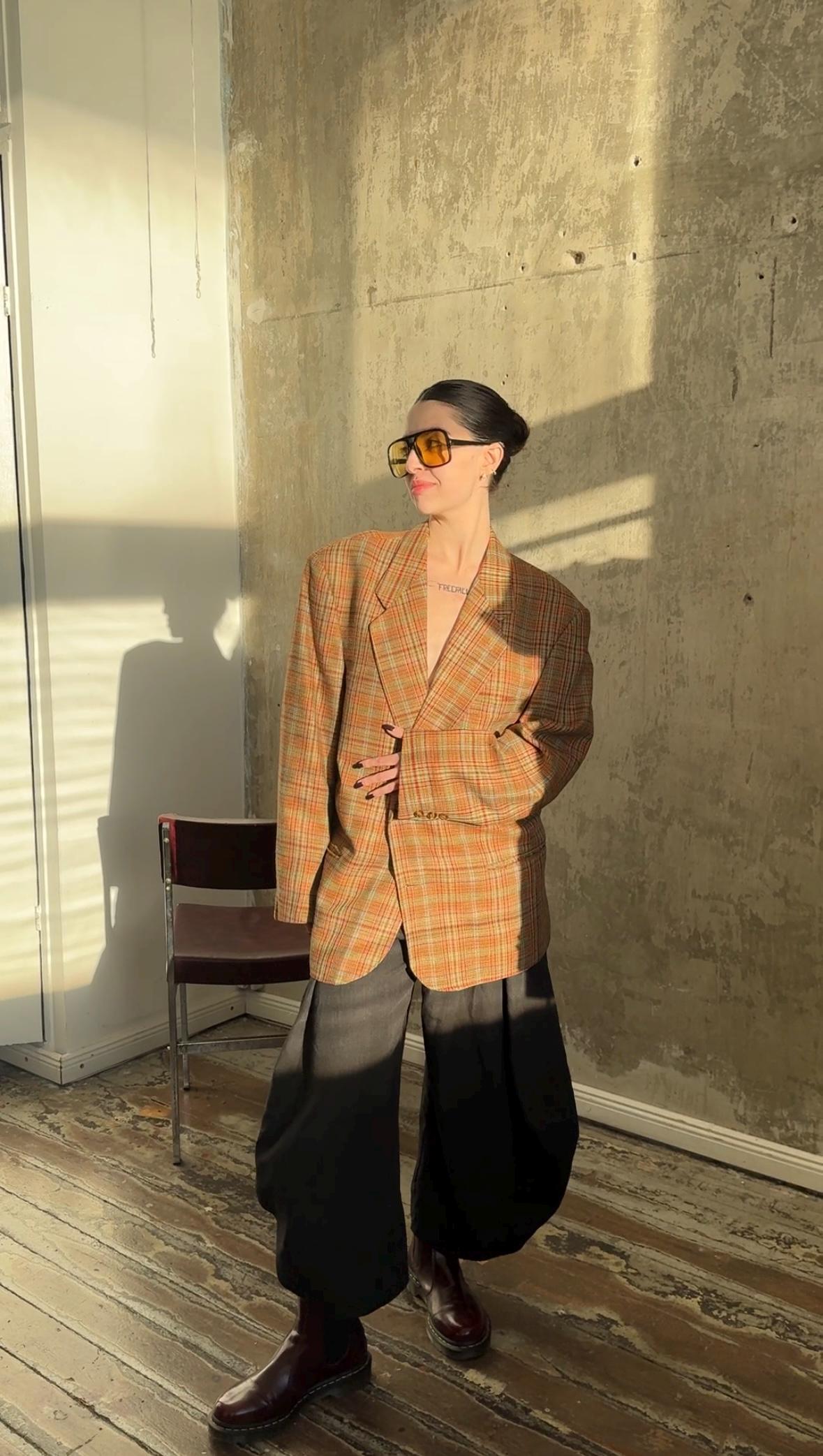 Vintage 90s Wool Oversized Checked Blazer In Brown, Green and Red