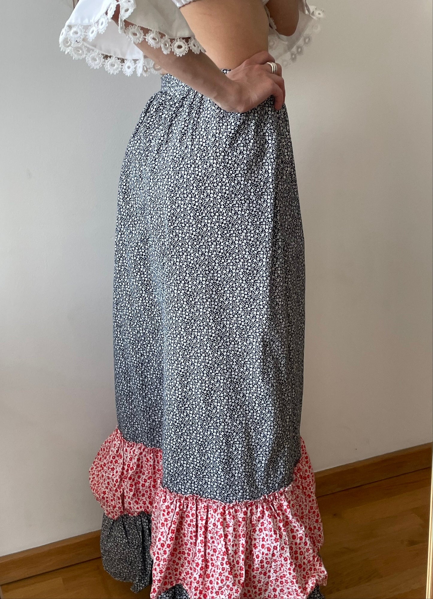 Vintage loose linen skirt, traditional maxi skirt with flowers