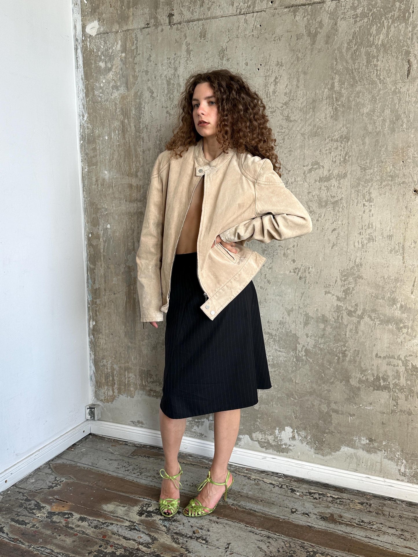 Vintage 90s Beige Suede Leather Moto Jacket