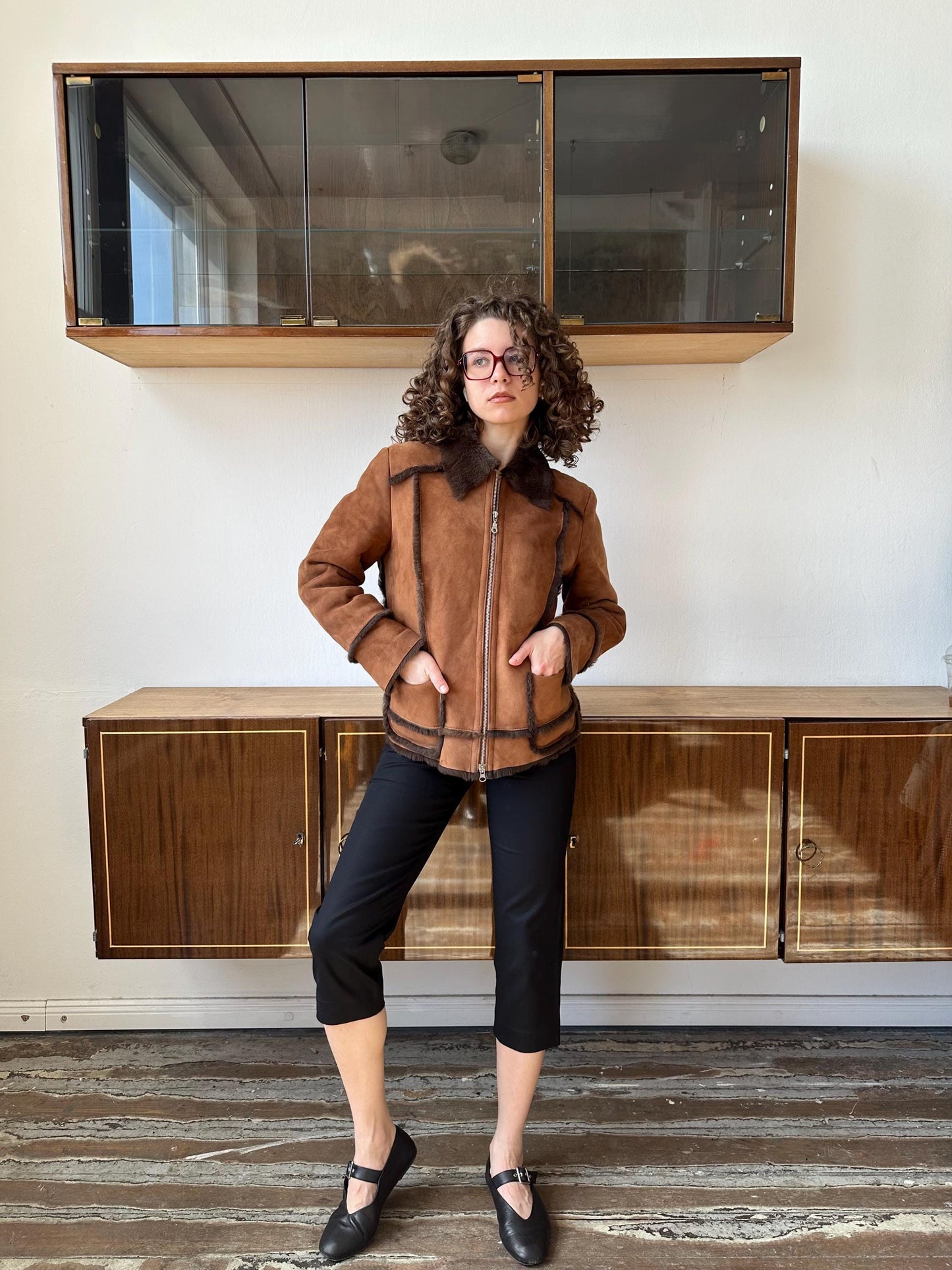 Vintage suede faux leather collar coat in brown
