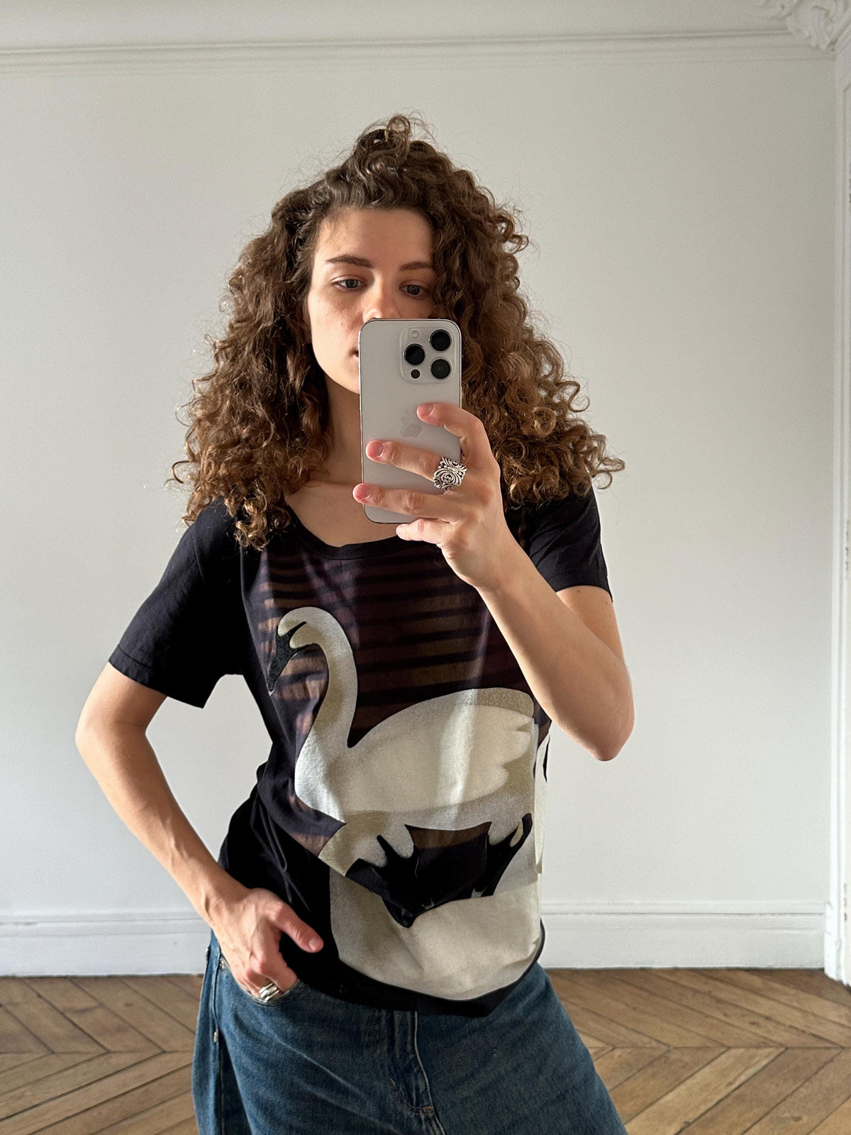 Vintage Sonia Rykiel Swan Print Cotton T-Shirt in Black