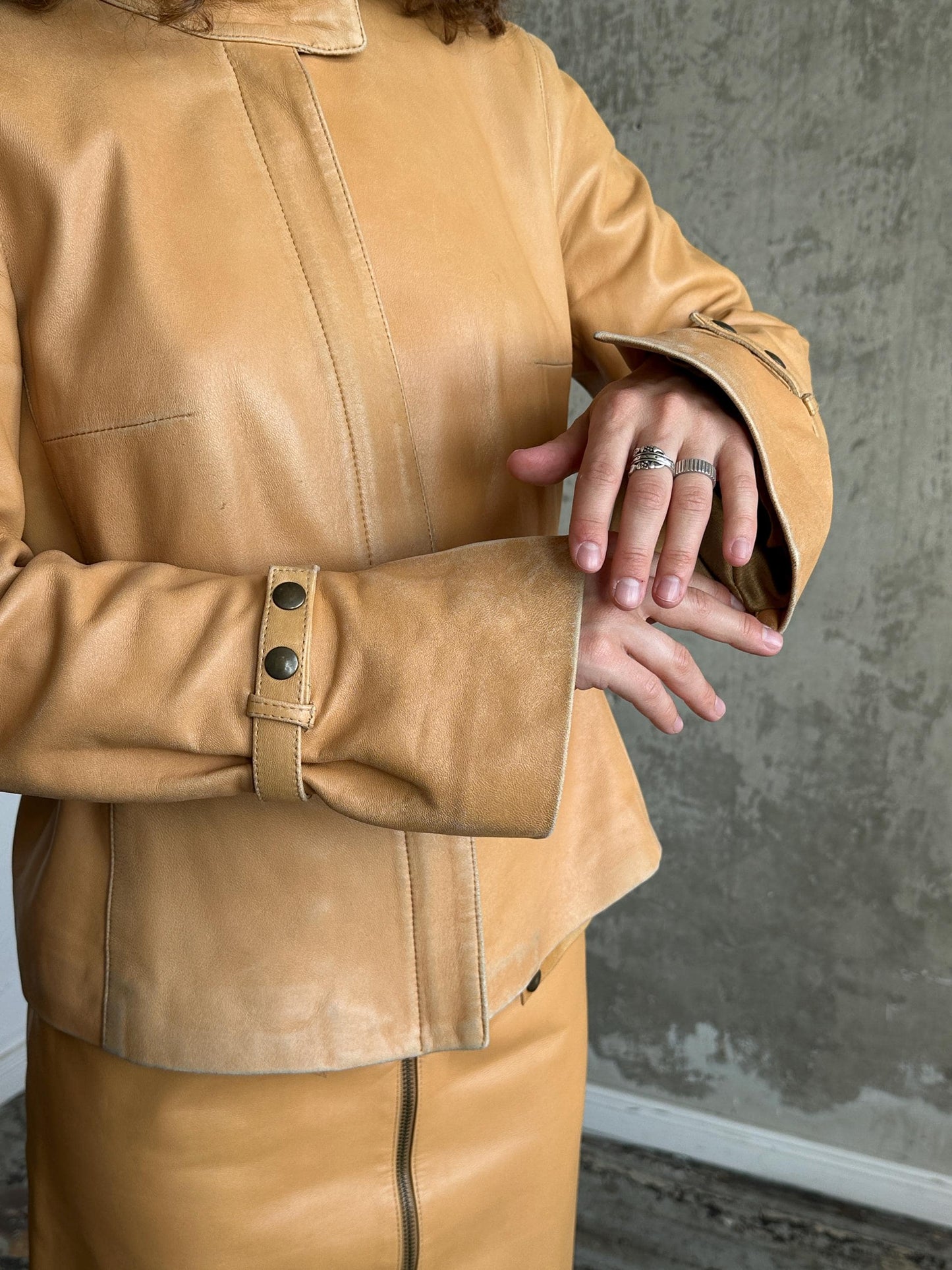 Vintage 90s Camel Tan Leather Suit | Jacket & Zip Skirt Set in Brown