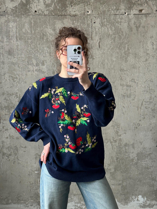 Vintage 90s long cotton oversized sweater in blue
