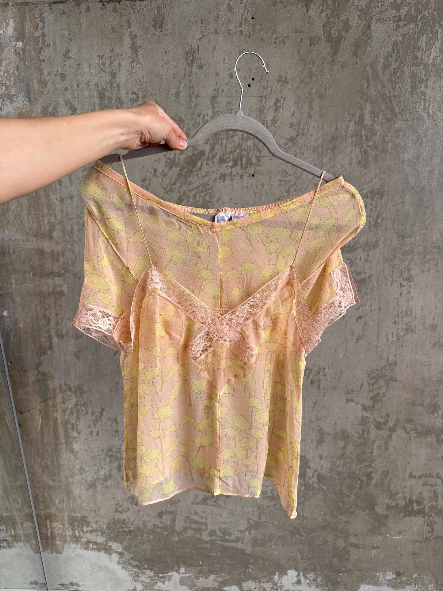 Vintage Calvin Klein Pure Silk Sheer Floral Cami & Shorts Set in Pink and Yellow