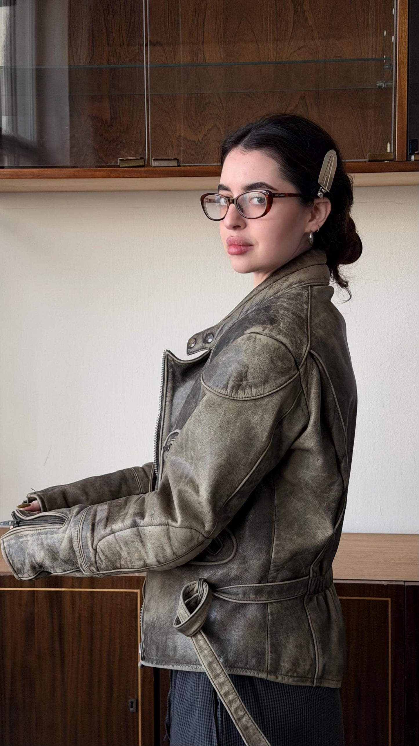 Vintage faded motorcycle leather jacket in brown