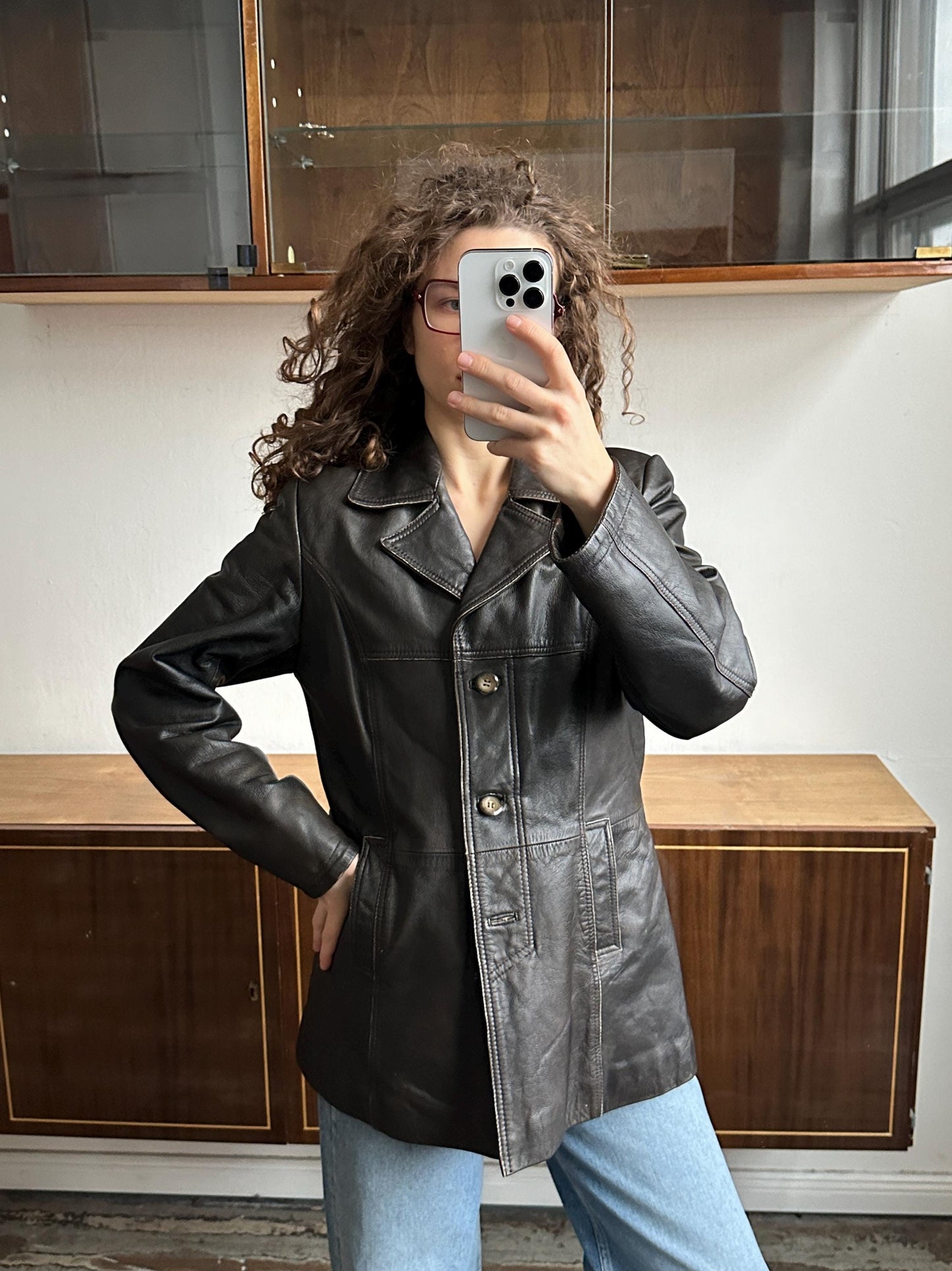 Vintage 90s Minimalist Leather Jacket In Dark Brown