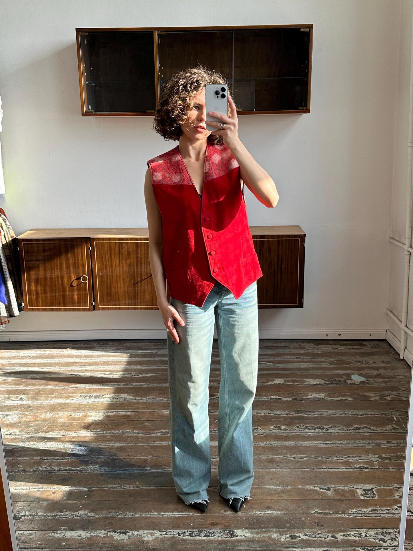 Vintage insulated leather vest in red, leather waistcoat