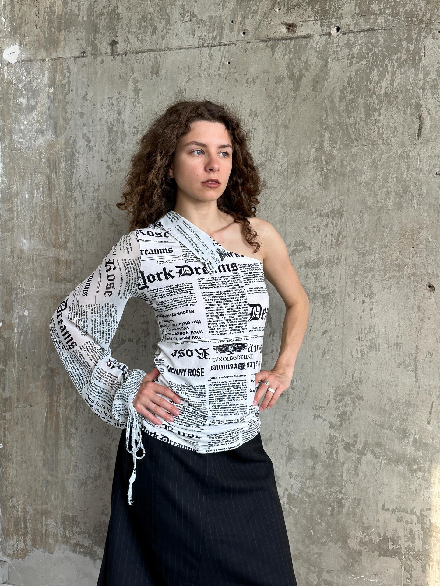 Vintage Denny Rose Newspaper Print One-Shoulder Top in Black and White