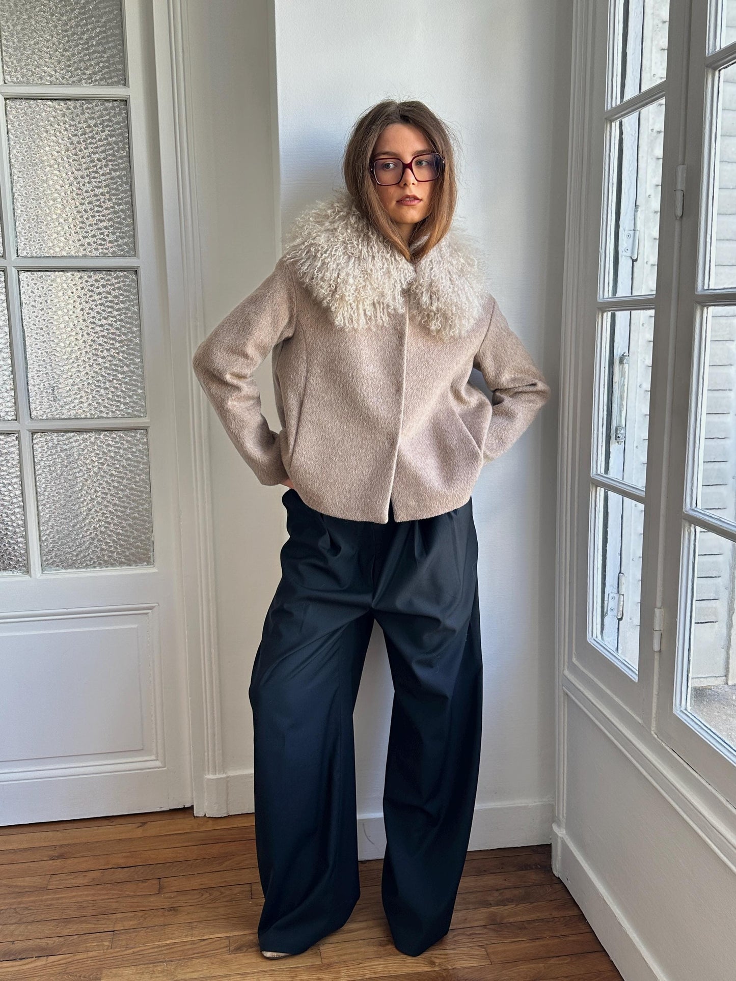 Vintage 90s Beige Coat with Voluminous Fur Collar