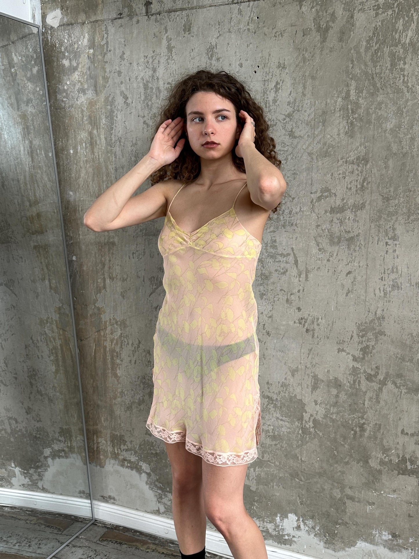 Vintage Calvin Klein Pure Silk Floral Slip Dress in Pink and Yellow