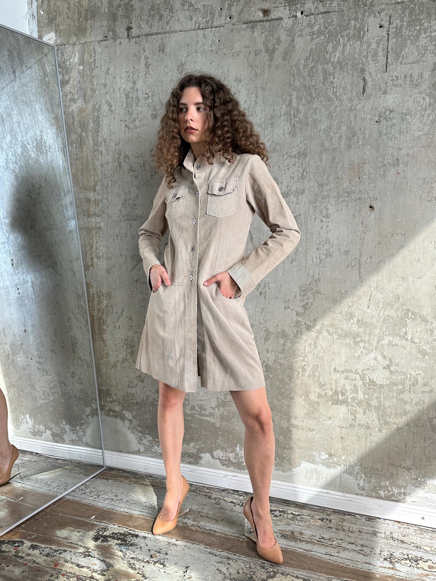 Vintage Beige Suede Leather Coat with Raw Edge