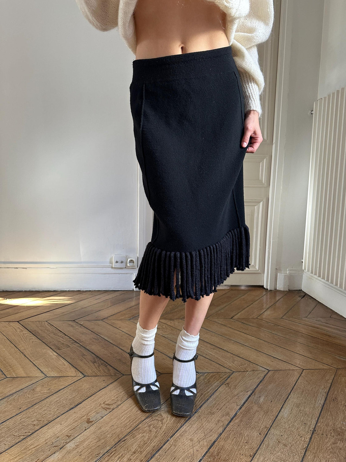 Vintage Sonia Rykiel Knit Skirt Black with Fringe