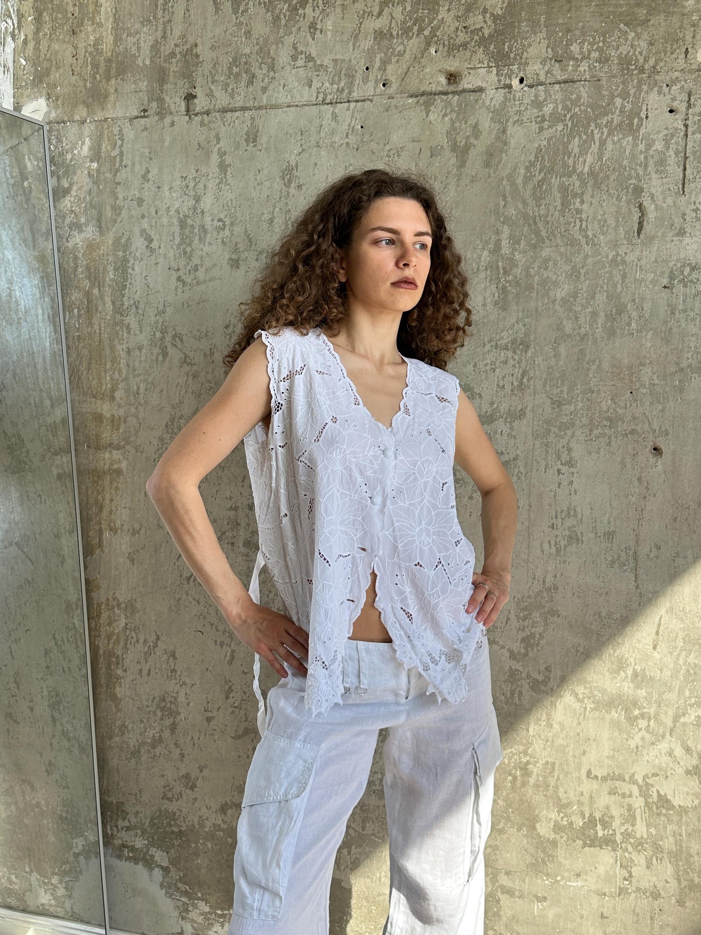 Vintage White Cotton Cutwork Floral Lace Top