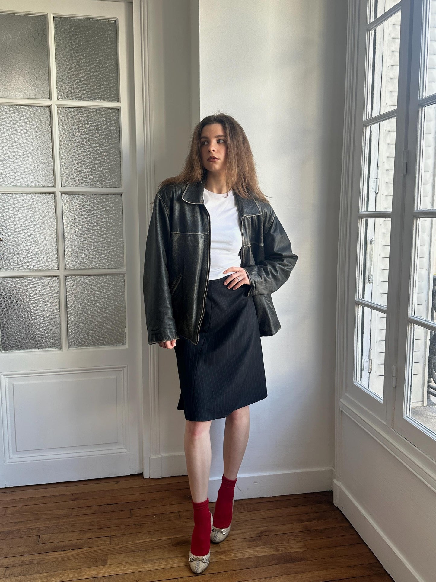 Vintage Distressed Leather Bomber Jacket in Black