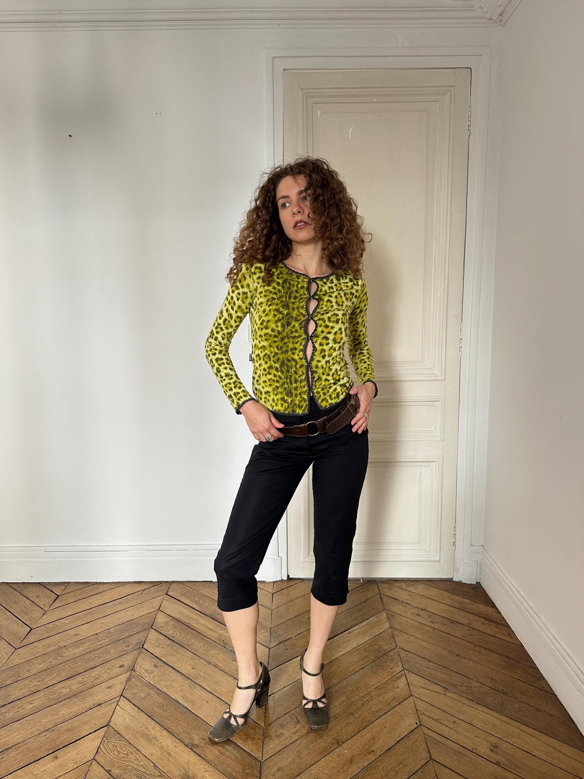 Vintage Moschino Jeans Green Leopard Print Cardigan