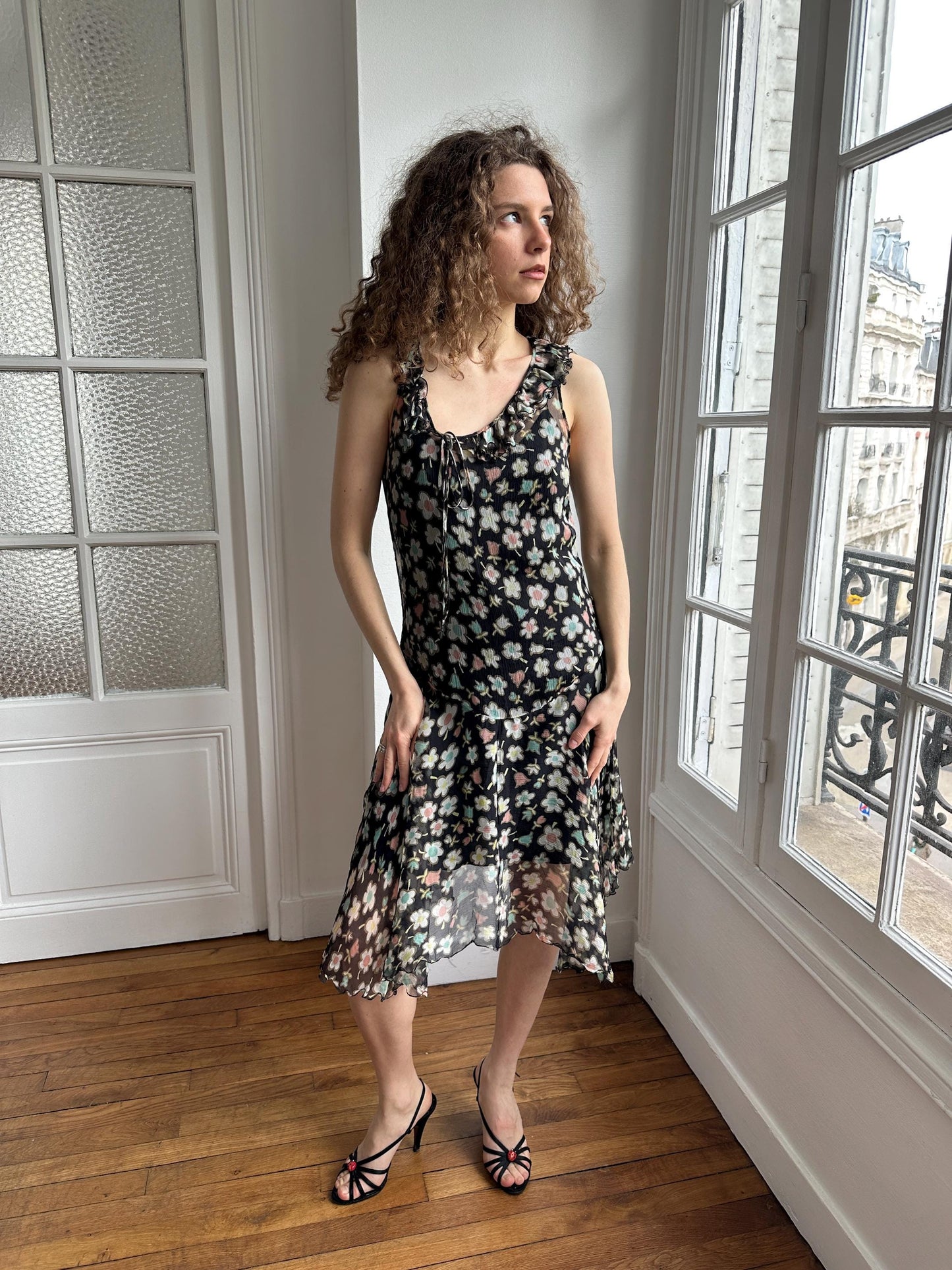 Moschino Cheap and Chic Black Floral Chiffon Midi Dress