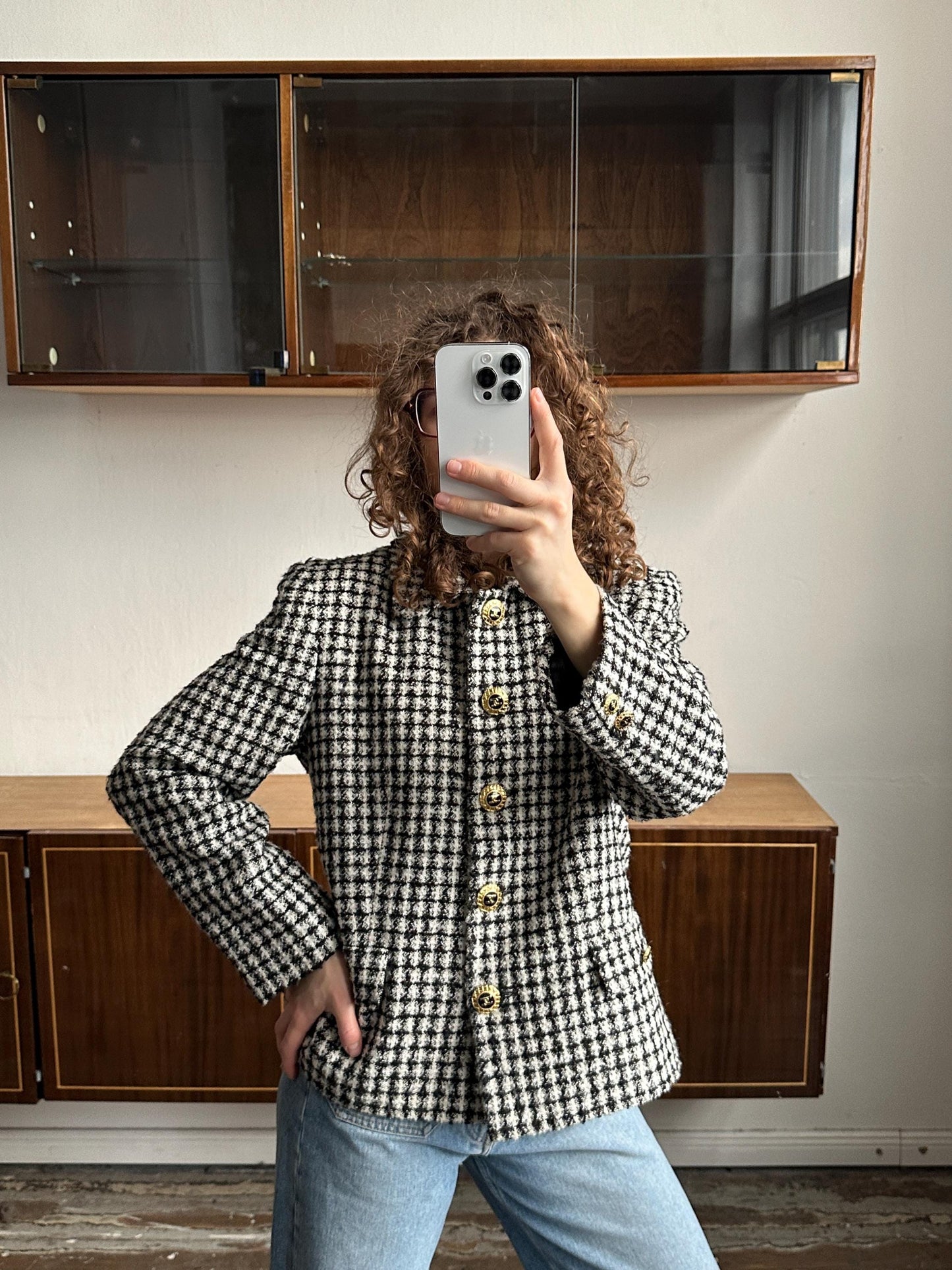 Vintage 80s Checked Tweed Blazer In Black & White