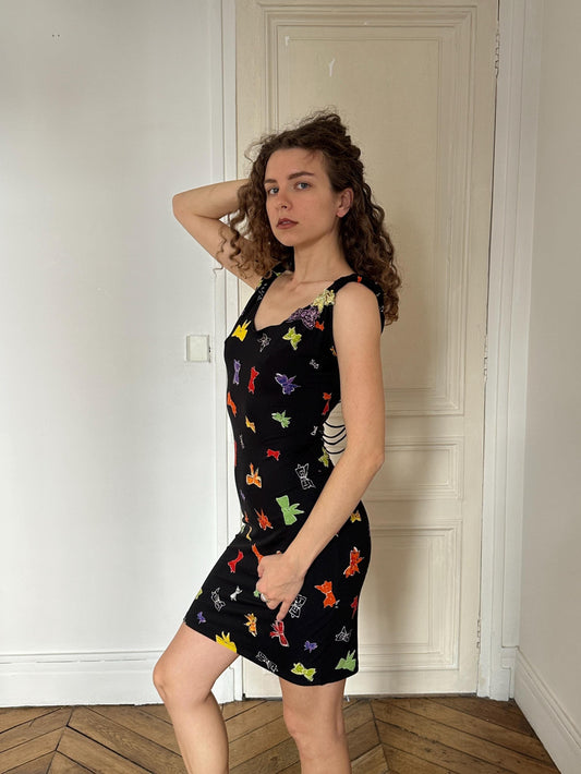 Vintage Iceberg Bow Print Mini Dress in Black