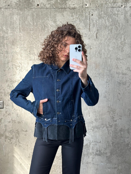 Vintage tailored denim jacket in blue with suede leather detail