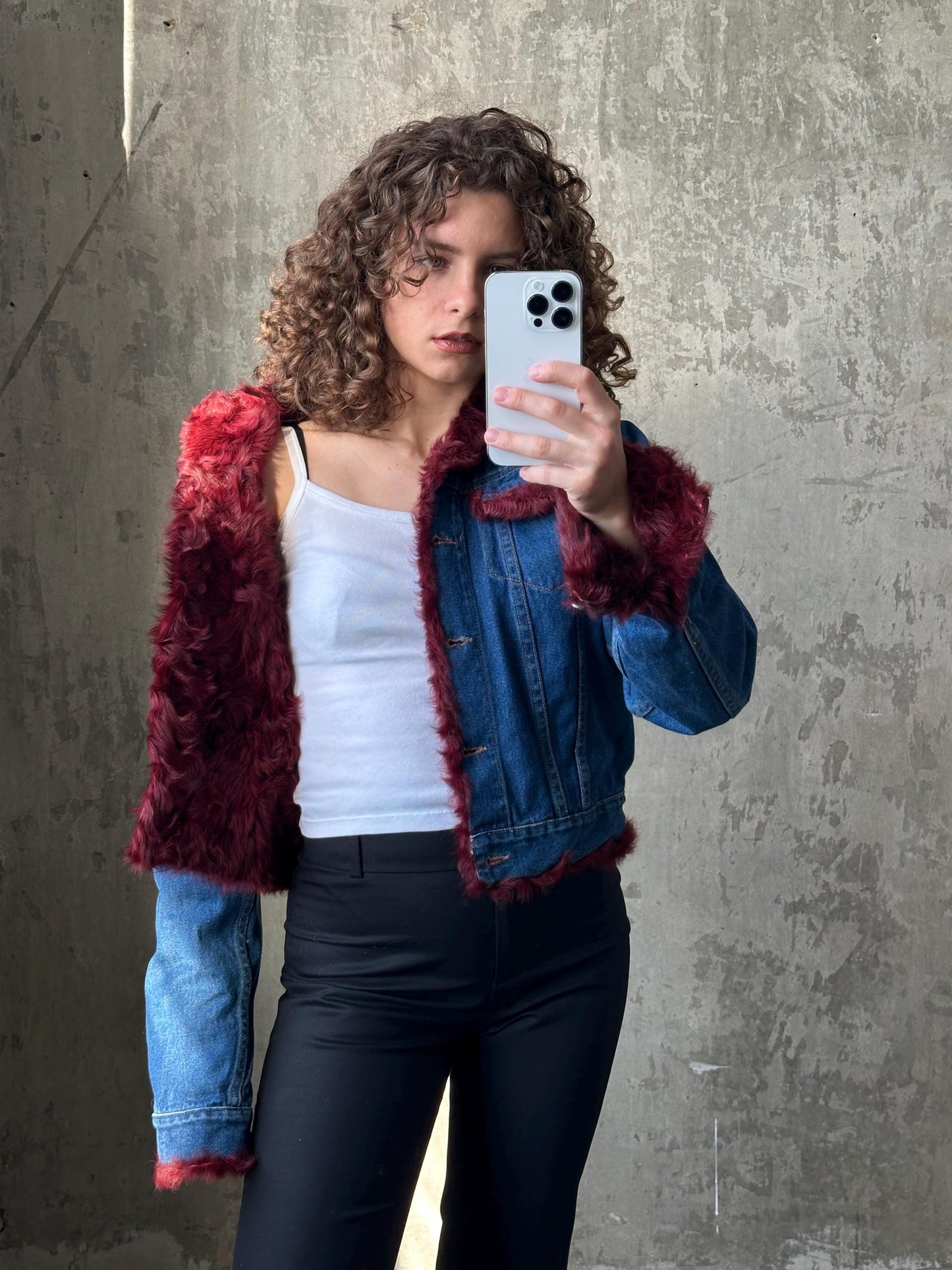 Vintage blue denim bomber jacket with fur lining