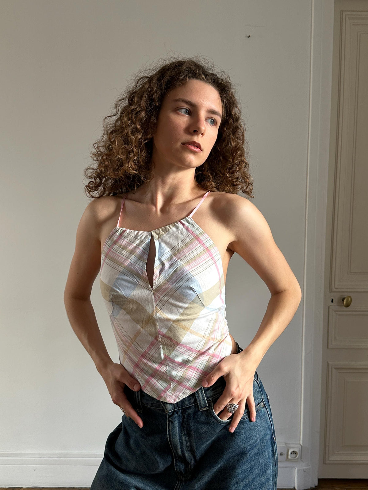 Vintage Sisley Check Cotton Crop Halter Top in Pink