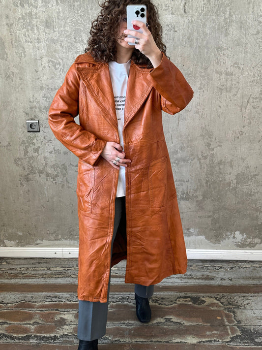 Vintage 90s genuine leather coat in orange